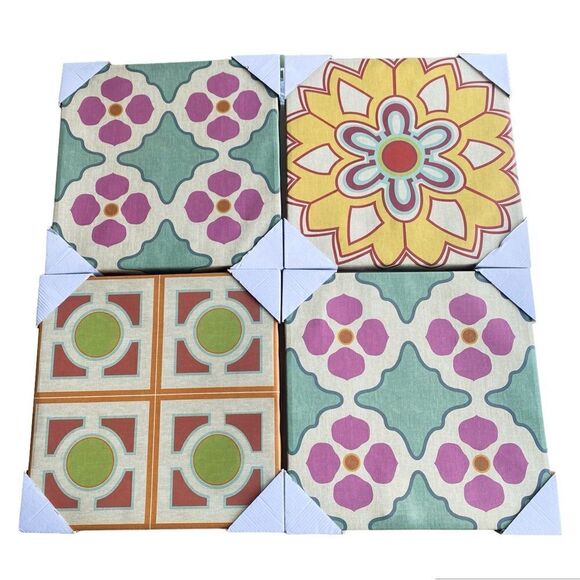 Wall Art Set of 4 Canvas Geometric Canvas Art Spanish Tile Design Vintage Wall - Picture 1 of 5